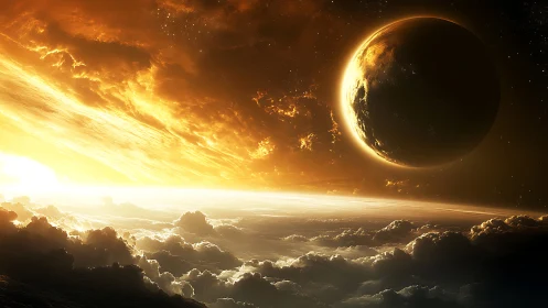 Golden horizon over clouds beneath a glowing distant world.