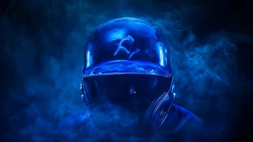 Midnight visor swallows a lone rider in electric blue haze