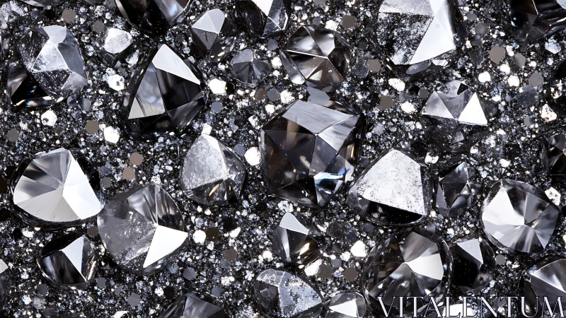 Cut diamonds scatter across glittering graphite surface.
