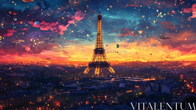 Dreamlit Eiffel Tower rises over Paris in a magical sunset sky