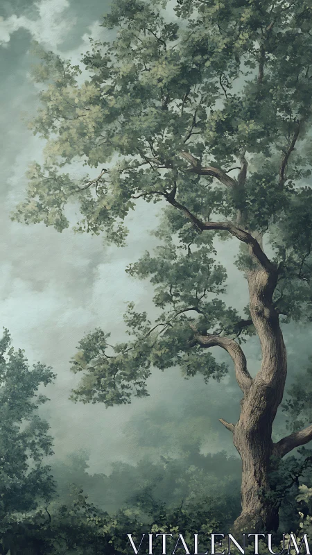 Weatherwise oak leaning into a mist-softened morning sky.