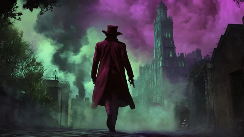 Crimson-coated wanderer in neon fog before gothic citadel.