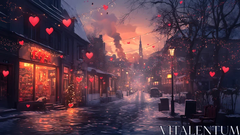 Winter twilight street glowing with cozy heart lights.