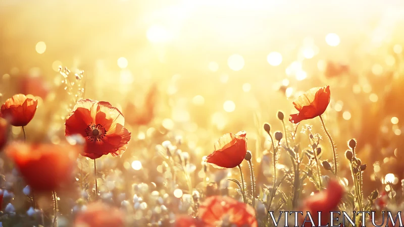 Red Poppies in Golden Hour Backlighting with Bokeh Depth of Field