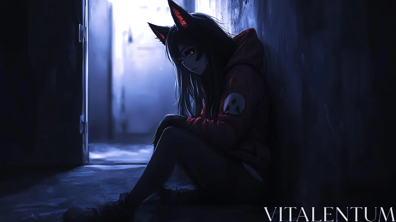 Lonely fox eared girl in dark corridor with cold light.