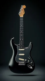 Black electric guitar on dark background, detailed view.