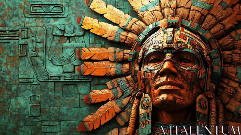 Digital painting of Aztec-inspired mask relief with feathered headdress.