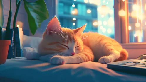 Orange cat resting on desk with city lights background