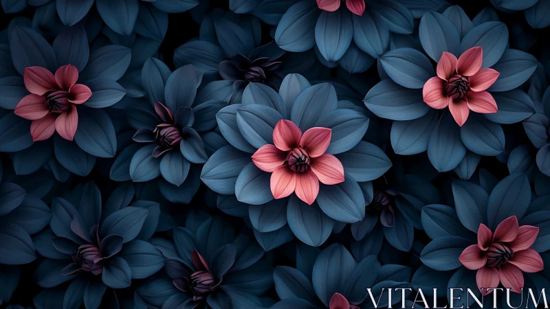 Dahlia Flowers with Pink Petals Against Dark Blue Foliage
