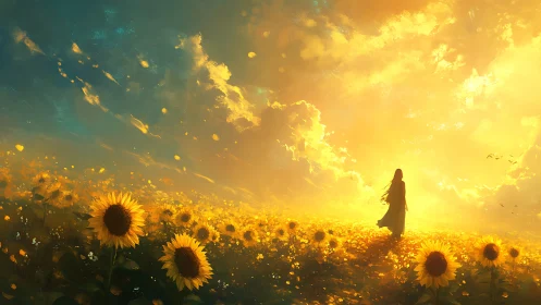 Sunlit girl crossing glowing sunflower field at dawn.