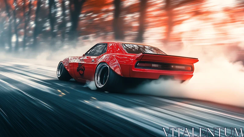 High-angle drift dynamics of red widebody muscle car chassis.