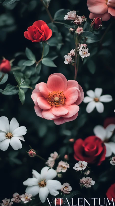 Garden roses in pink and coral bloom among white flowers