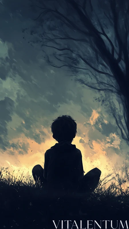 Solitary child watches a storm-softened sunset sky in silence