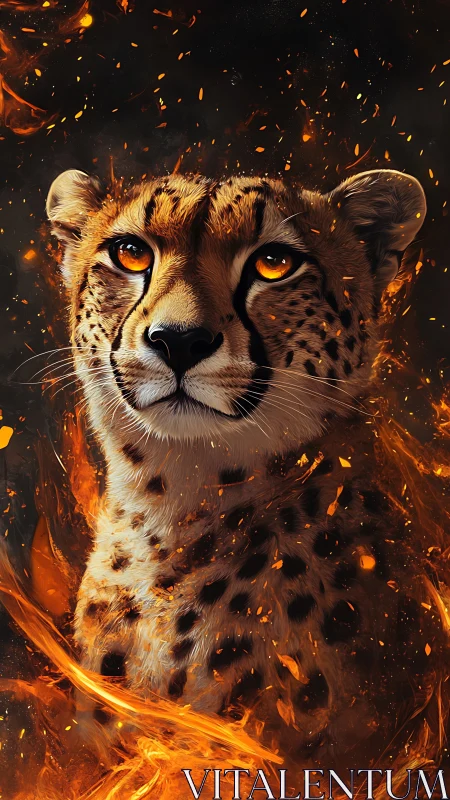 Digital painting cheetah portrait framed in swirling firestorm.