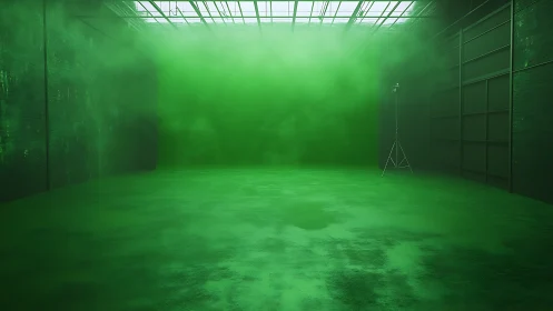 Empty industrial studio fills with dense green atmospheric fog