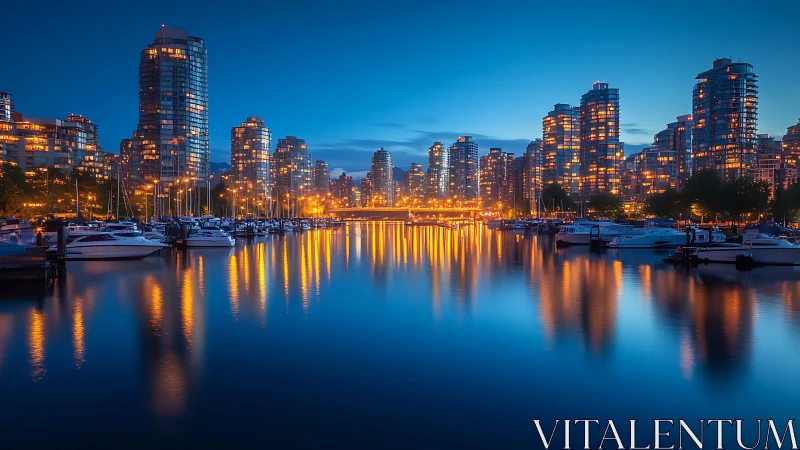 Harbor towers shimmer in sapphire dusk and golden reflections.