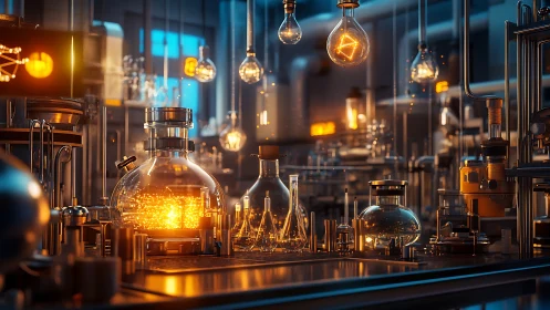 Glowing chemical reaction in futuristic laboratory interior.