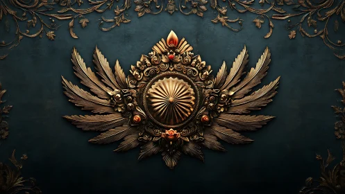 Ornate gold emblem with wings on dark teal background.