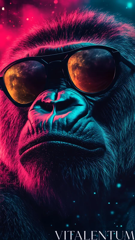 Neon-lit gorilla in sunglasses stares through cosmic reflections