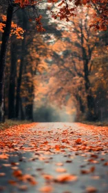 Amber leaf road drifts into a misty forest hush at dusk.