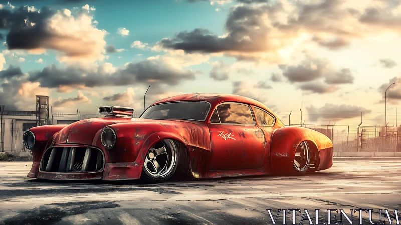 Low-slung custom hot rod rendered in cinematic sunset lighting