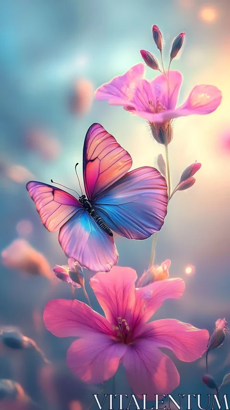 Gentle twilight butterfly resting among glowing pink blooms.