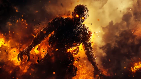 Emberborn cyber revenant strides through a storm of fire.