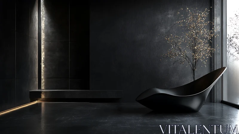 Minimalist black lounge interior with sculptural chaise and LED lighting