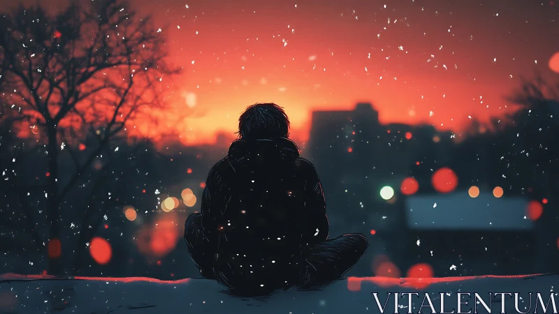 Solitary dreamer stitches snowfall into a burning sunset sky