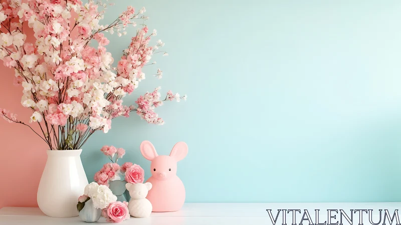 Soft pastel flowers with kawaii bunny decor on split wall.