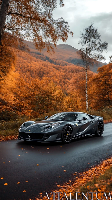 Grey sports car is parked on wet road in autumn forest