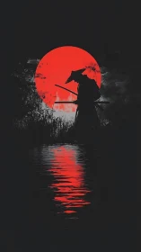 Silhouetted ronin crosses riverside under oversized red sun