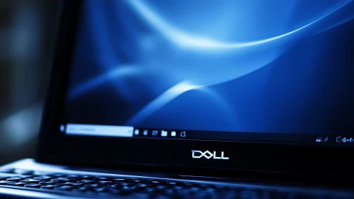 Dell laptop screen displays blue abstract light pattern