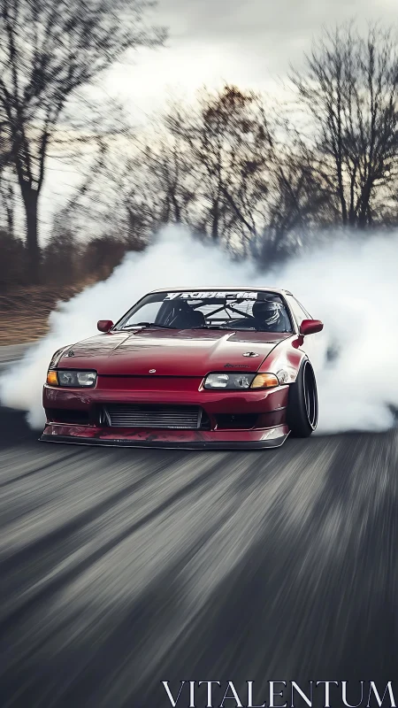 Red drift car carves a smoky line through deserted road.