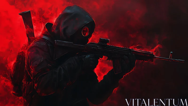 Hooded armed figure in red smoke with rifle silhouette.