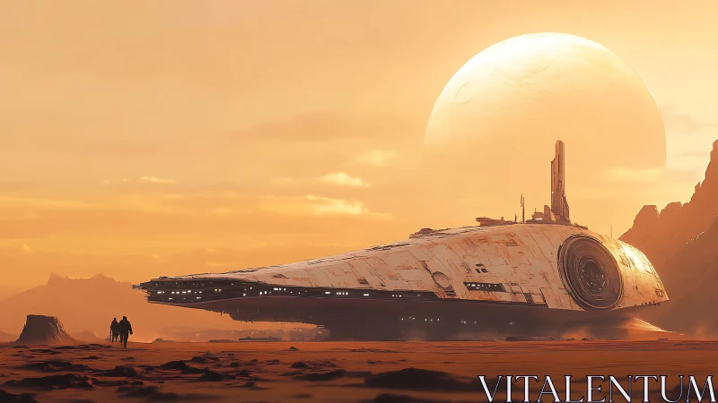 Colossal starship rests on desert world beneath blazing moon