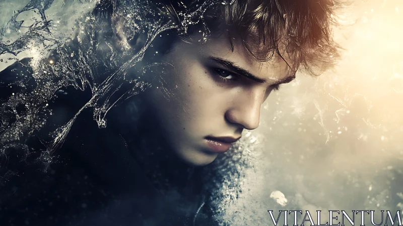 Digital portrait of young male face with abstract liquid effects.