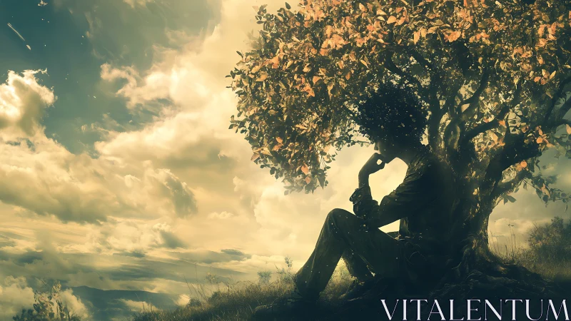 Silhouette of seated thinker merging with a glowing tree.
