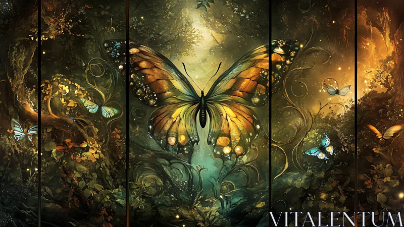 Large luminous butterfly in dense fantasy forest scene.