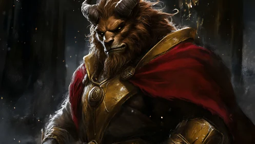 Armored lion warrior in red cloak against dark backdrop.