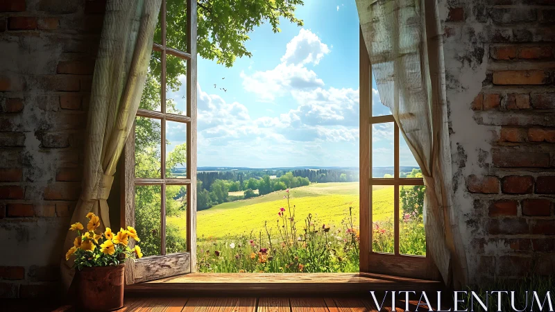 Sunlit rustic window opening onto vivid summer meadow vista.