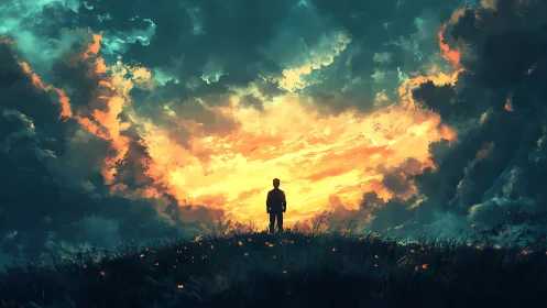 Lone figure watches blazing sunset sky from grassy hilltop.