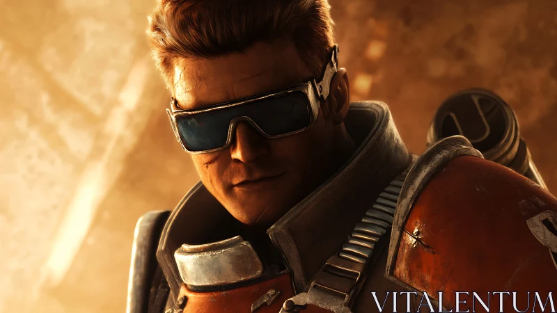 Battle-hardened space soldier gazes ahead in molten light