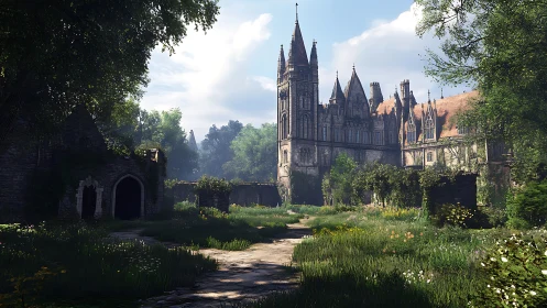 Gothic revival manor rendered with high-detail 3D vegetation and light scattering