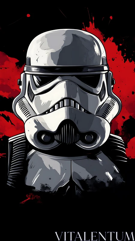 Armored sci‑fi trooper helmet illustration on red splatter field