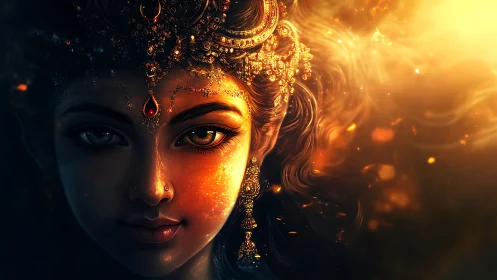 Digital portrait depicts jeweled female face in split lighting