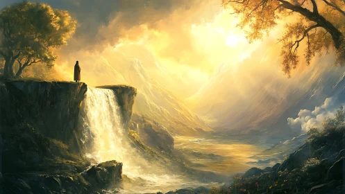 Solitary wanderer greets a blazing waterfall dawn horizon