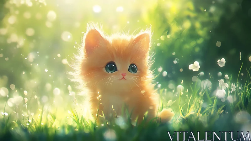 Golden kitten rests in dreamy sunlit meadow glow.