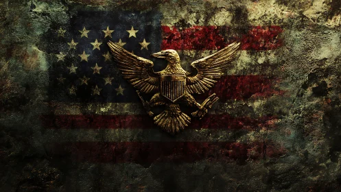 American eagle emblem dominates weathered United States flag