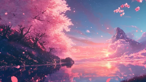 Dreamlike cherry blossom lake under glowing sunset sky.